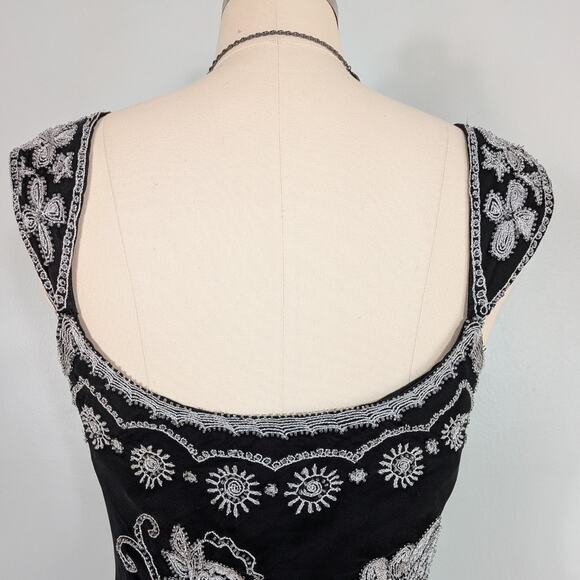 Vtg Papell Prom Dress Maxi Gown 12 Black White Silk Floral Fairy Goth 90s Y2K - Picture 6 of 11